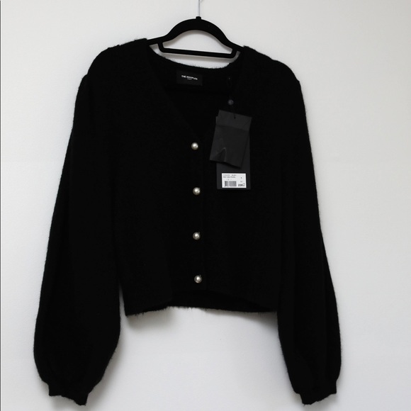 NWT The Kooples faux pearl button, balloon sleeve black cardigan. - Picture 3 of 5